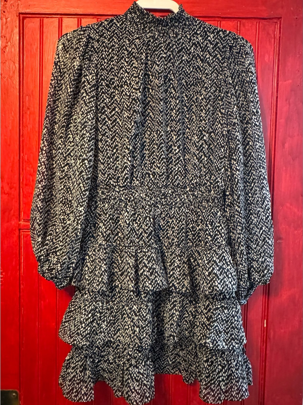 Express Black and White Printed Dress with Smocked Yoke